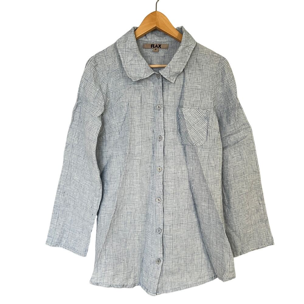 FLAX Women's 100% Linen Plaid Button Front Shirt Size P 4-6 Blue Long Sleeves